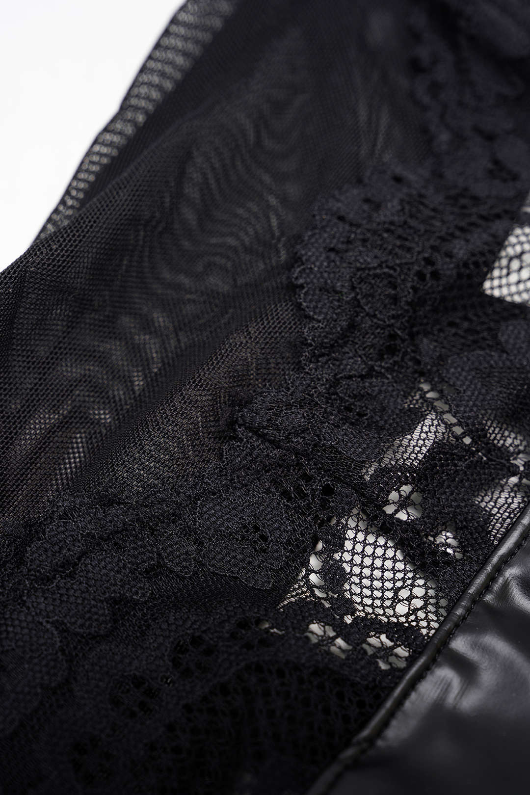 Faux Leather Patchwork Mesh Lace Trim Bodycon Sleeveless Bodysuit