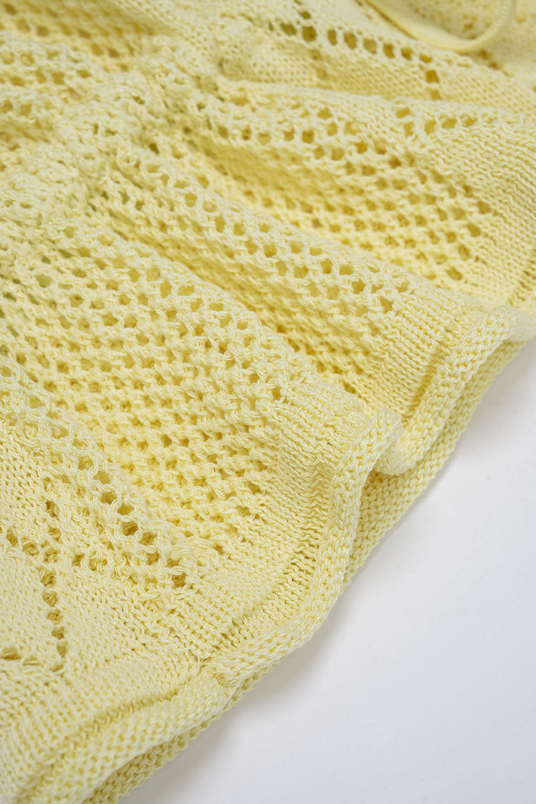 Open Knit Solid Geometric Round Neck Drawstring Long-Sleeve Top