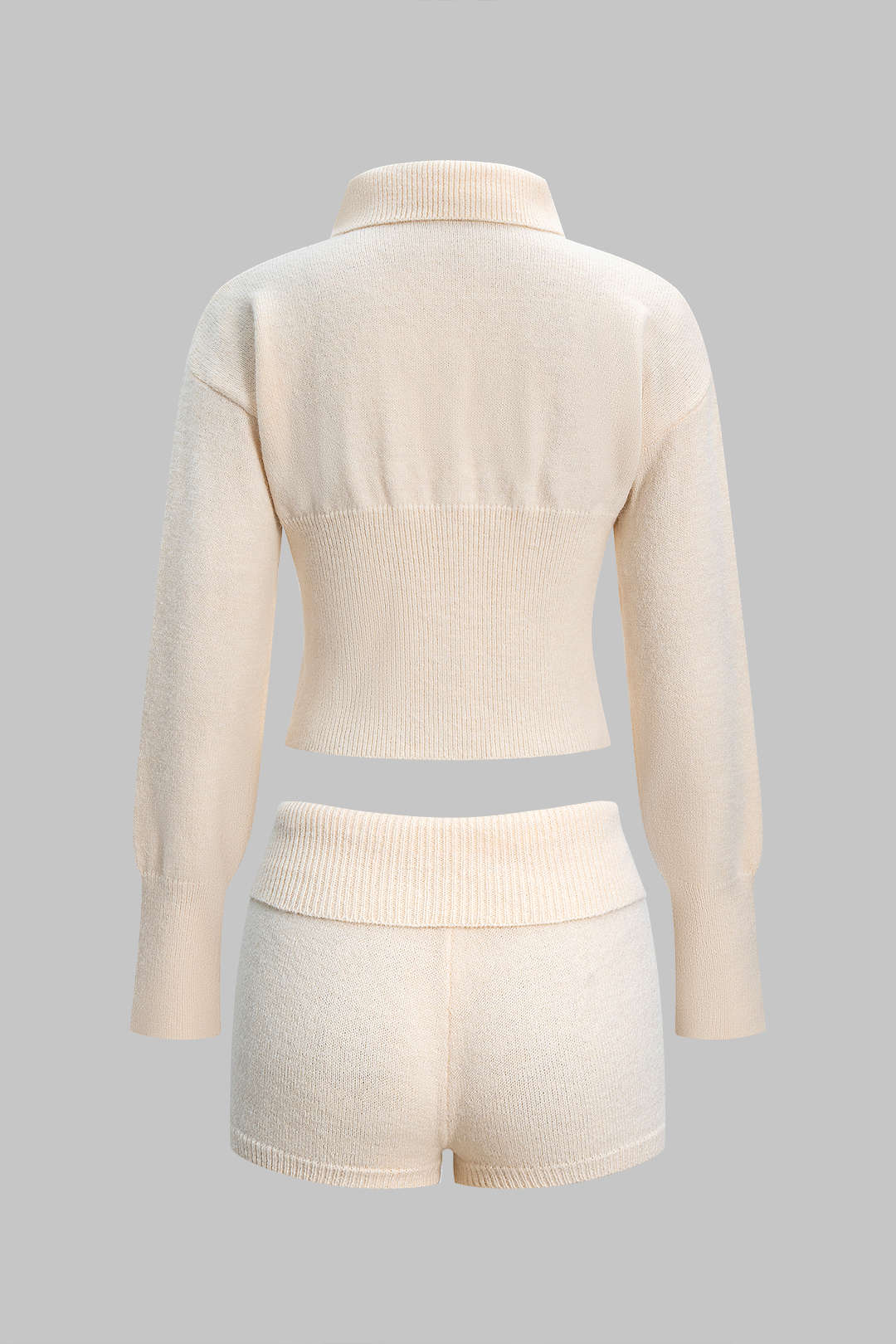 Knit Button Lapel Long-Sleeve Top And Shorts Set