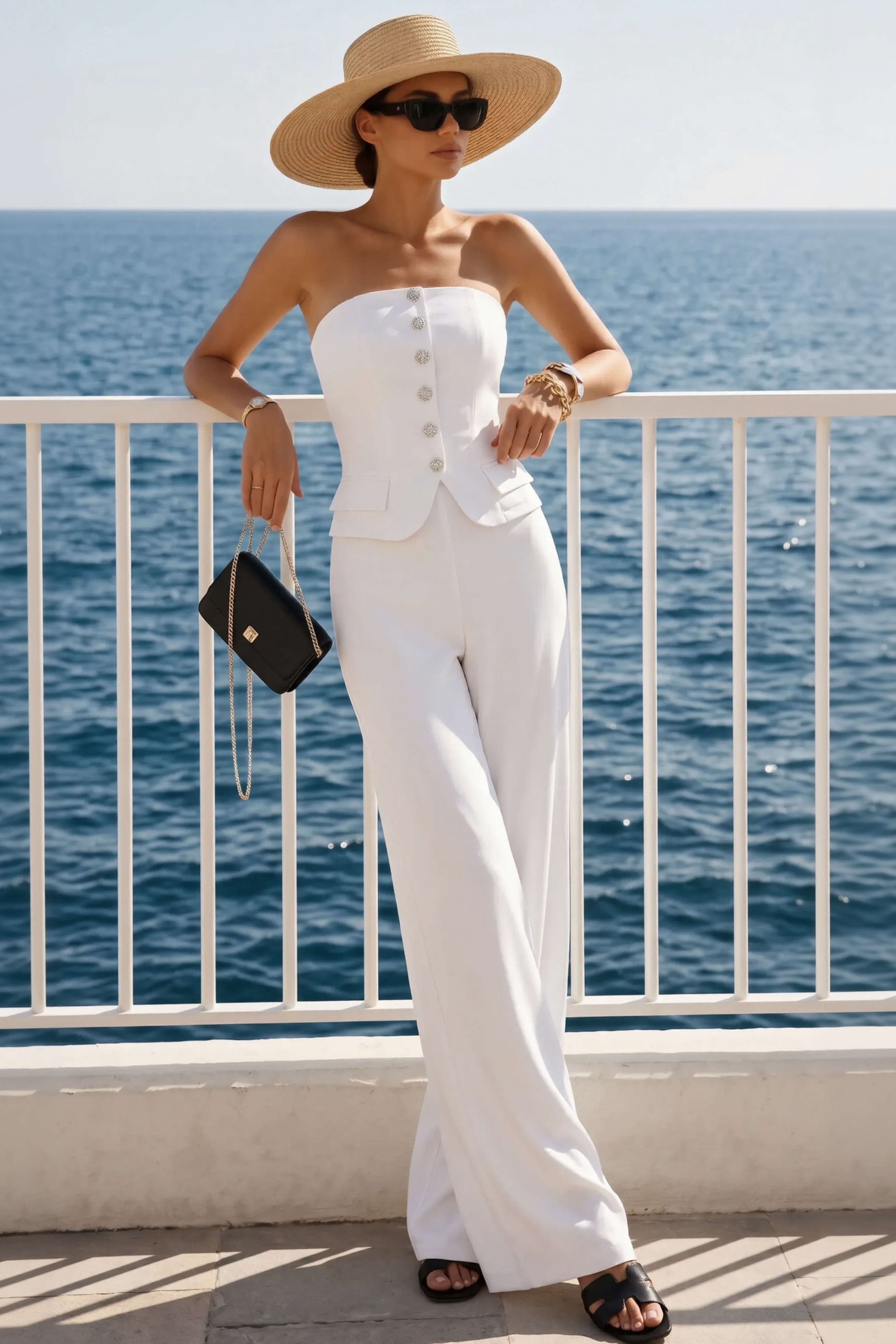 Button Strapless Sleeveless Wide Leg Jumpsuit