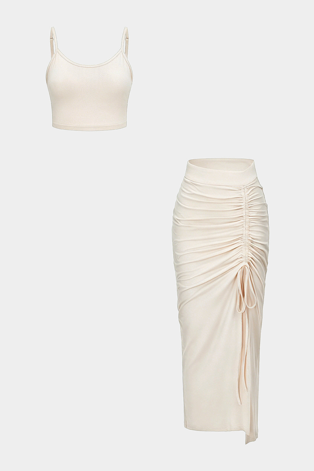 Solid Round Neck Cami Top And Drawstring Ruched Skirt Set