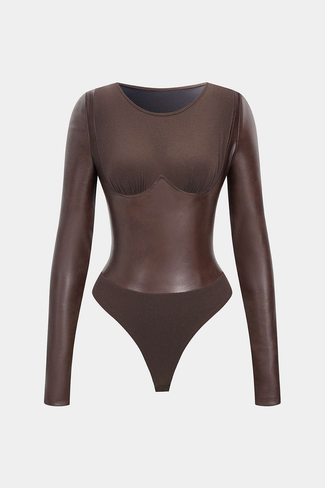 Faux Leather Patchwork Round Neck Long Sleeve Bodysuit