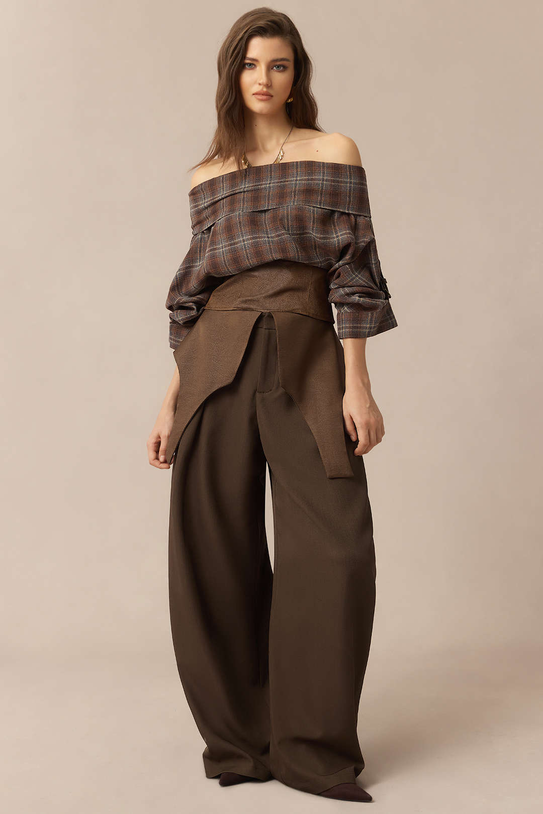 Plaid-Print-Satin-Patchwork-Off-Shoulder-Reißverschluss-Langarm-Hemd