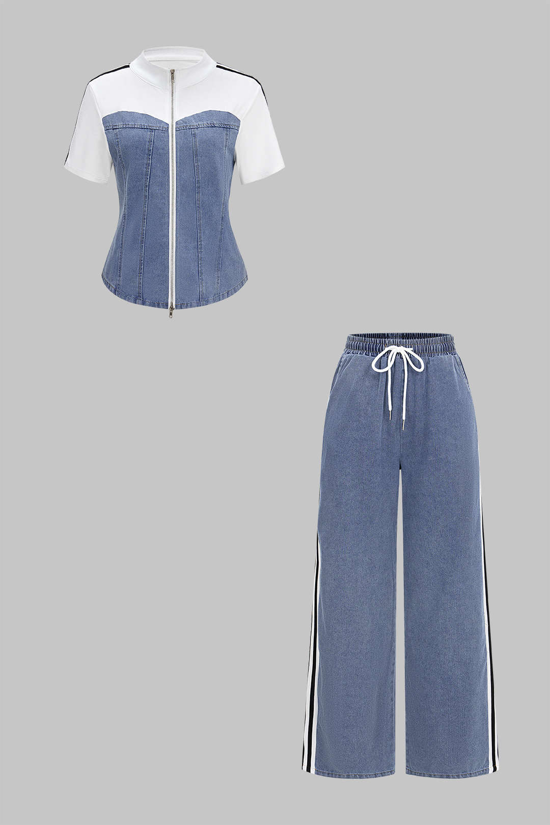 Denim-Patchwork-Stehkragen-Reißverschluss-Kurzarm-Oberteil und Jeans-Set mit geraffter Taille und Tunnelzug