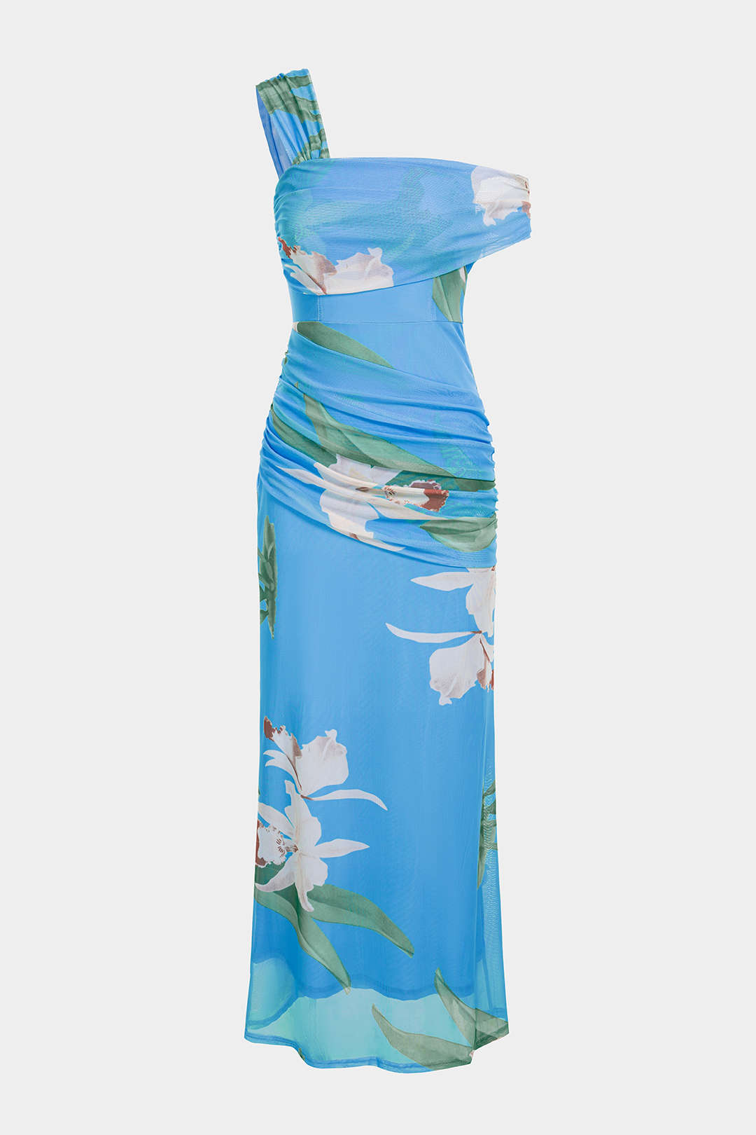 Geblümtes Mesh-Patchwork-Maxikleid mit One-Shoulder-Träger und ärmellosem, trägerlosem Oberteil