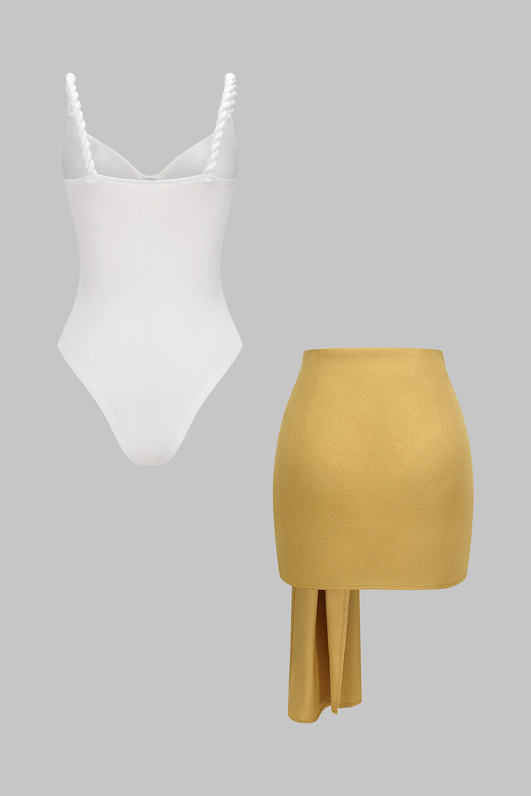 Leinen-Patchwork Twist-Knoten Geraffter Ärmelloser Body und Asymmetrischer Wickelrock-Set