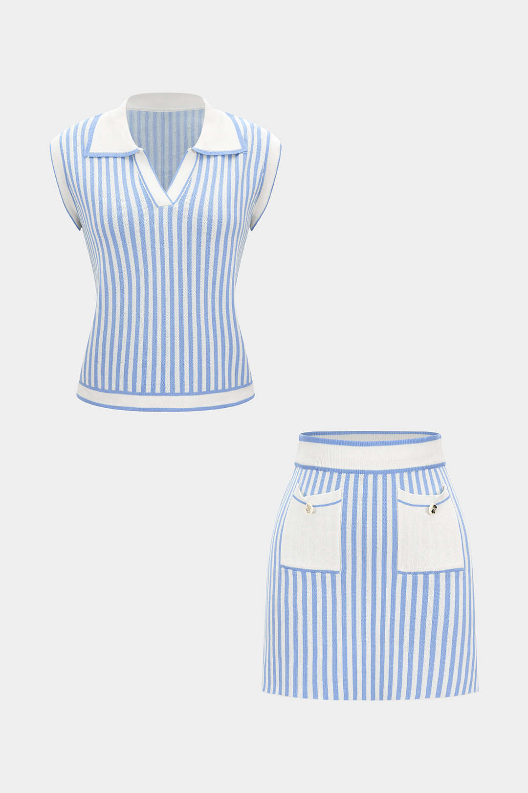 Knit Stripes Contrast Print V-Neck Tank Top And Pocket Skirt Set