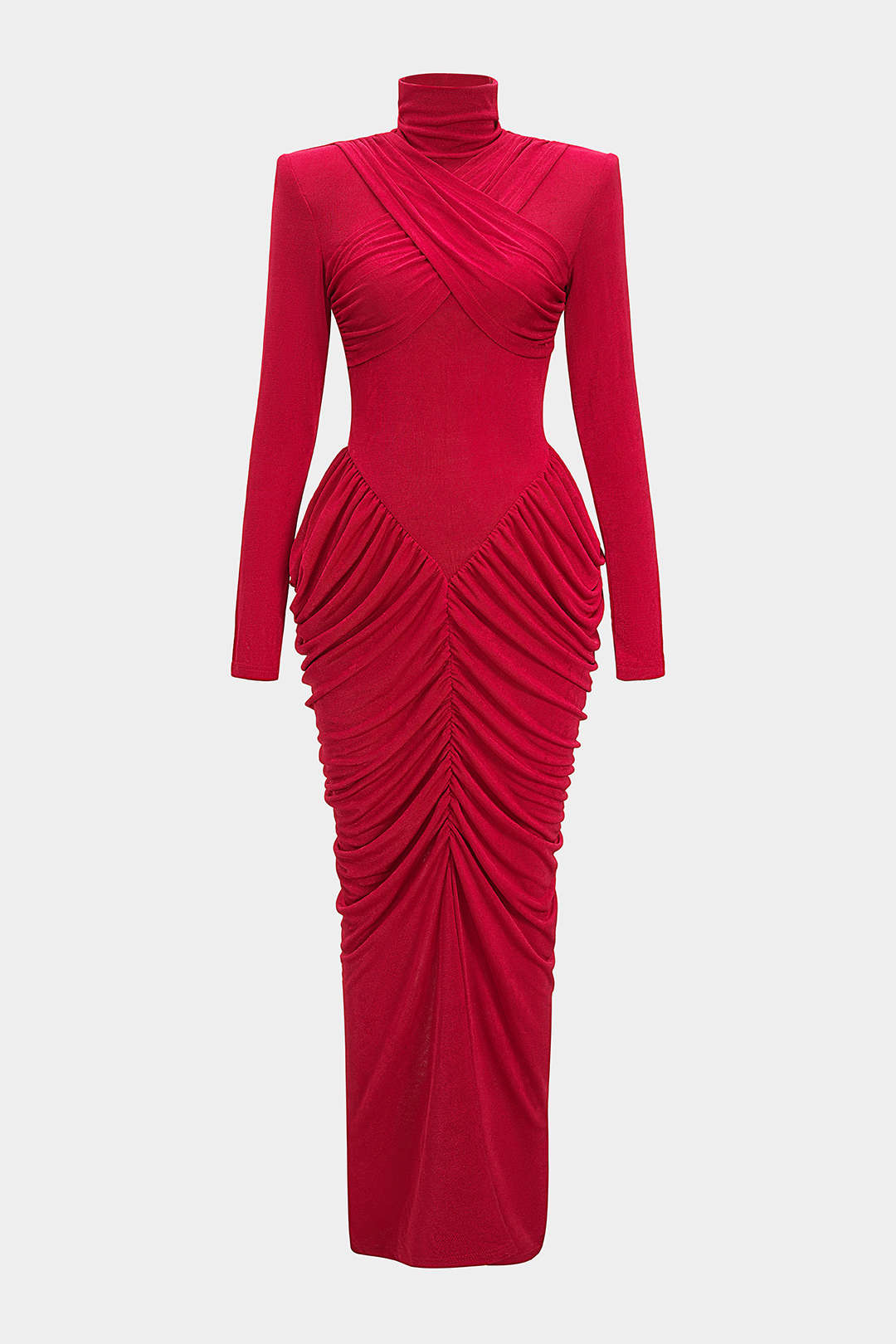 Maxikleid mit Stehkragen, Schulterpolstern, überkreuzter Raffung am Rücken und langen Ärmeln