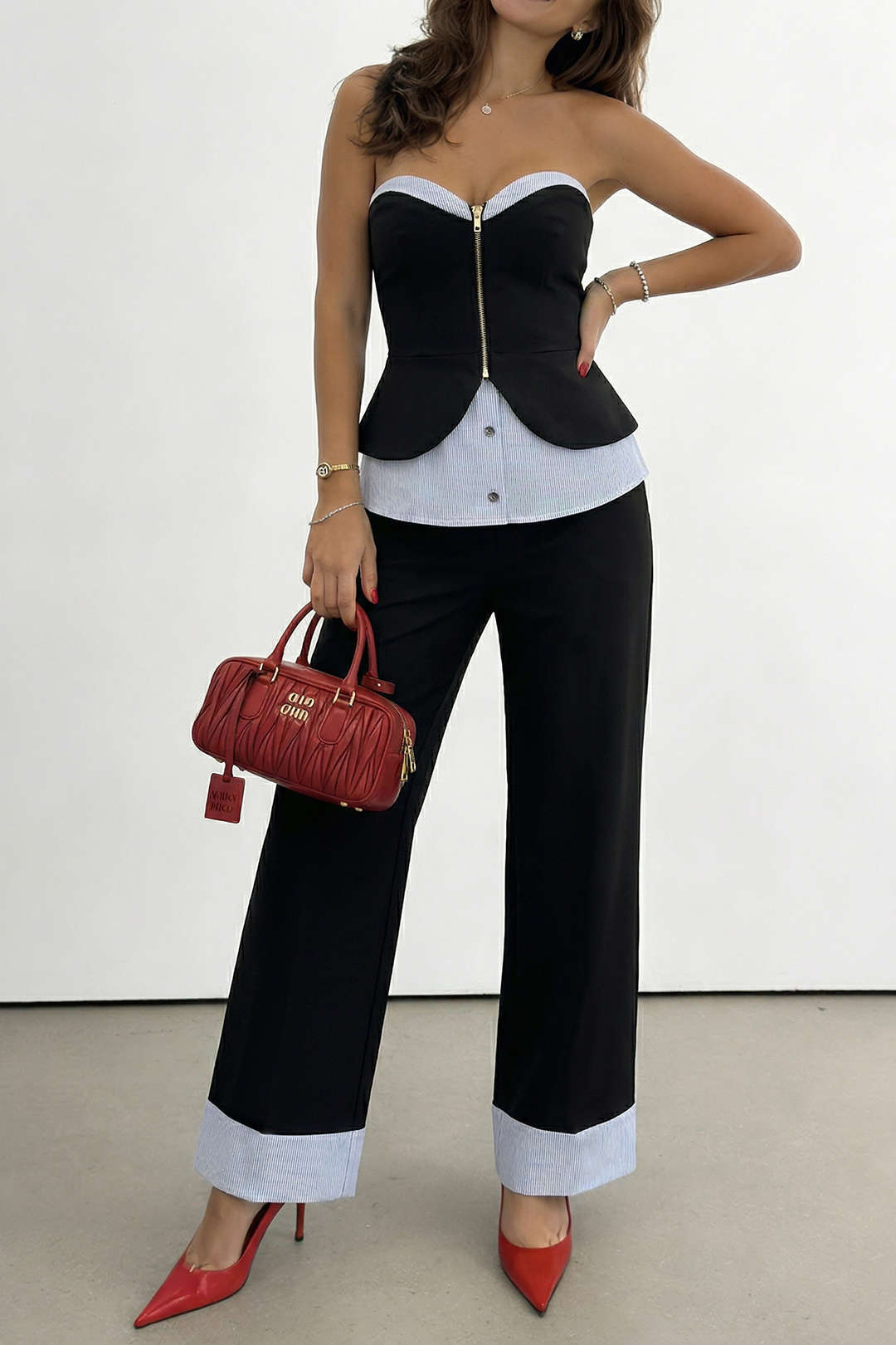 Haut tube zippé patchwork rayé et pantalon droit