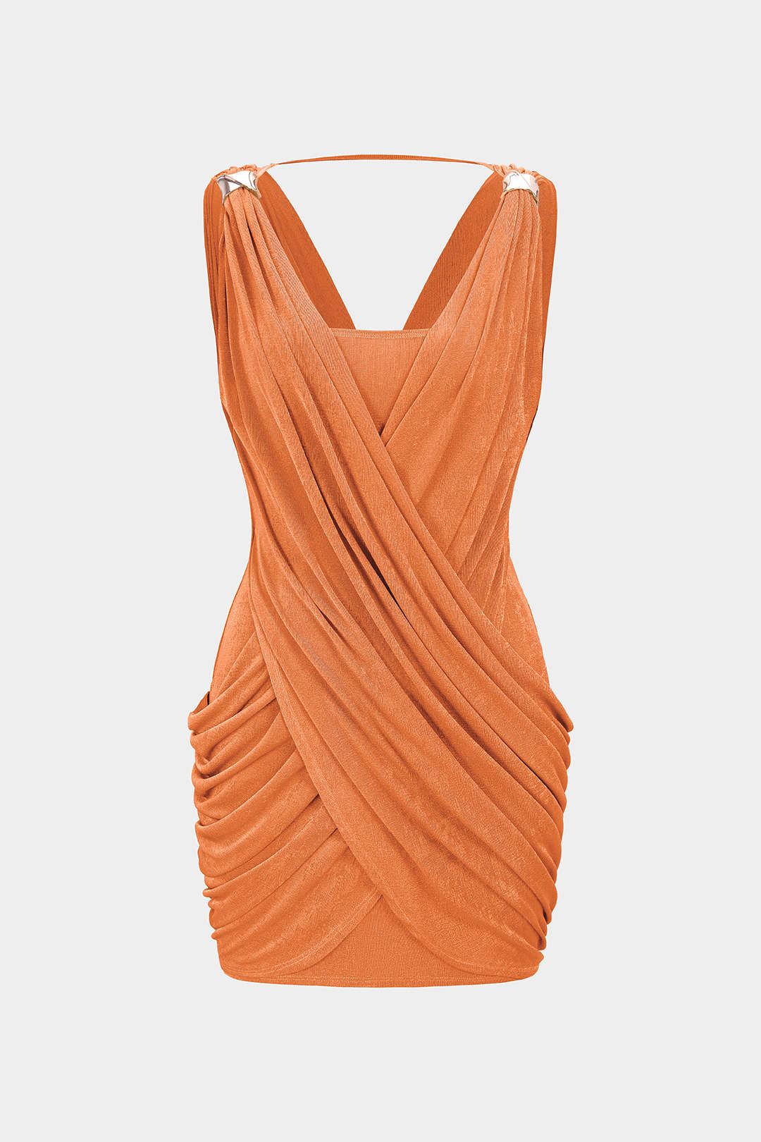 Ärmelloses Minikleid mit überkreuztem V-Ausschnitt, Raffung und Metallic-Dekor