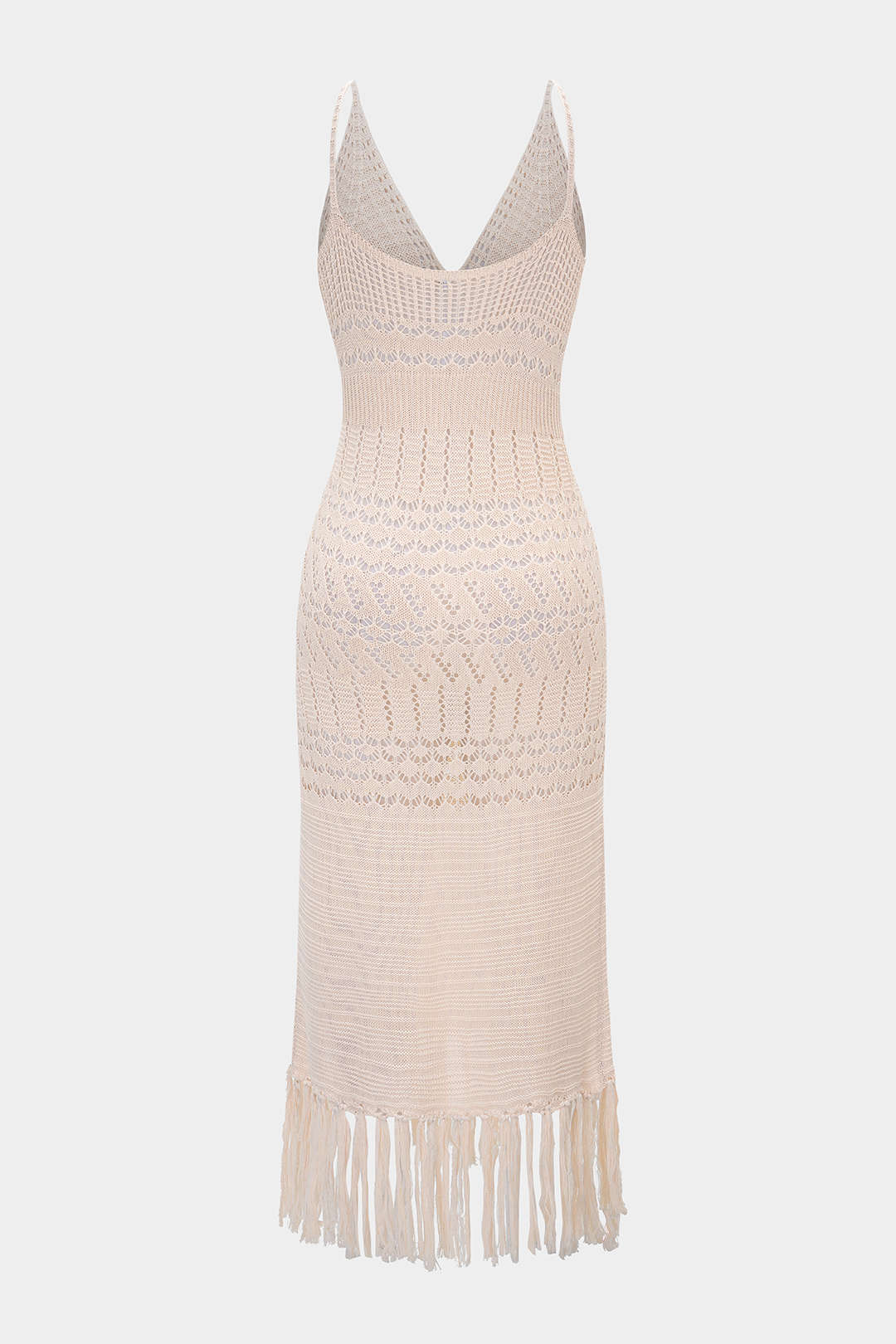Open Knit V-Neck Hollow Out Fringe Sleeveless Midi Dress