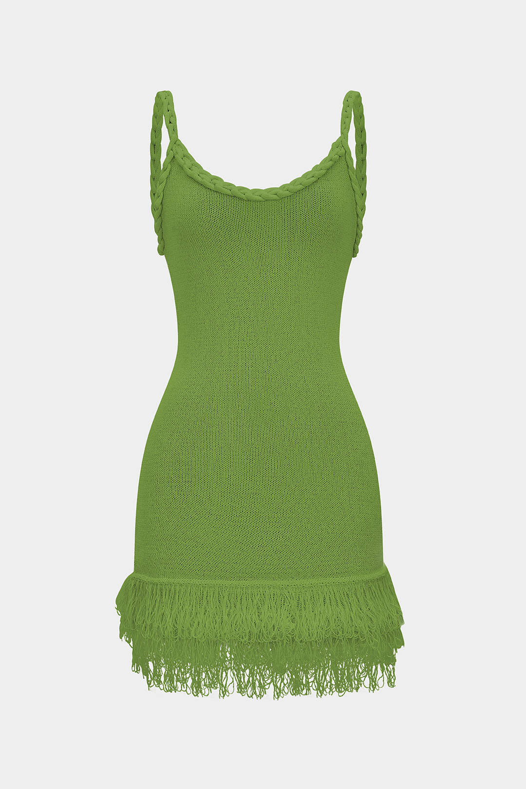 Robe Courte Sans Manches Dos Nu Tressé à Franges en Maille Ajoutée