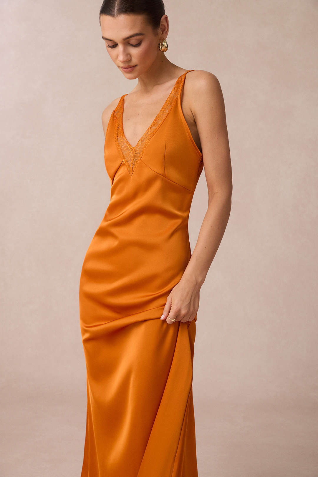 Satin Patchwork Lace V-Neck Slip Sleeveless Maxi Dress