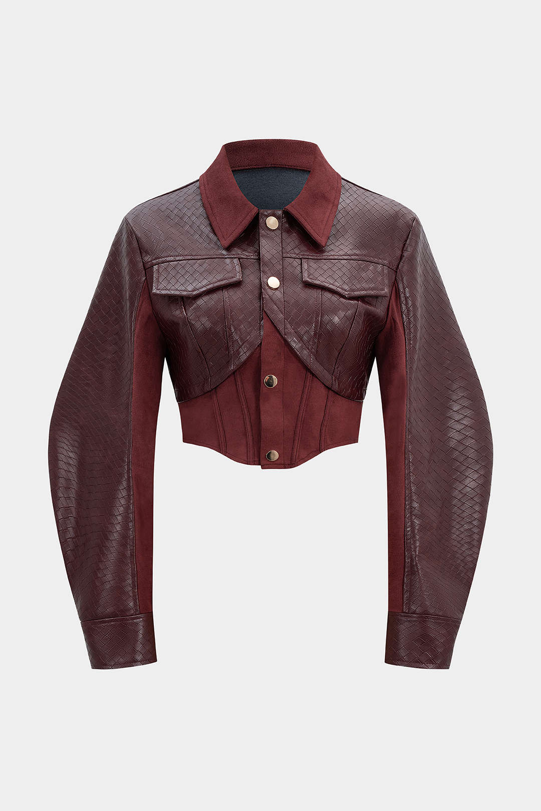 Blouson court tissé façon patchwork en similicuir