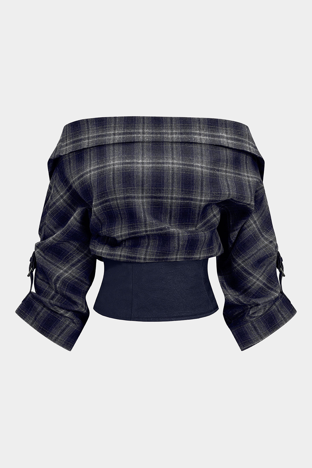 Plaid-Print-Satin-Patchwork-Off-Shoulder-Reißverschluss-Langarm-Hemd