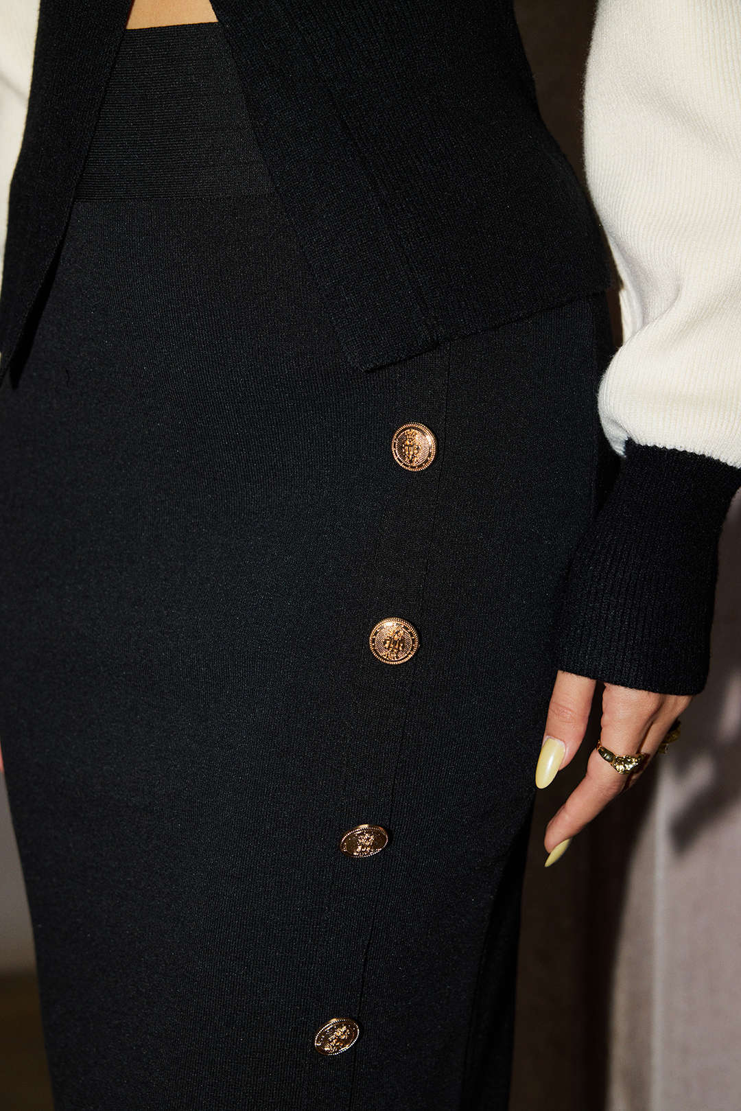 Solid Knit Asymmetrical Button Skirt