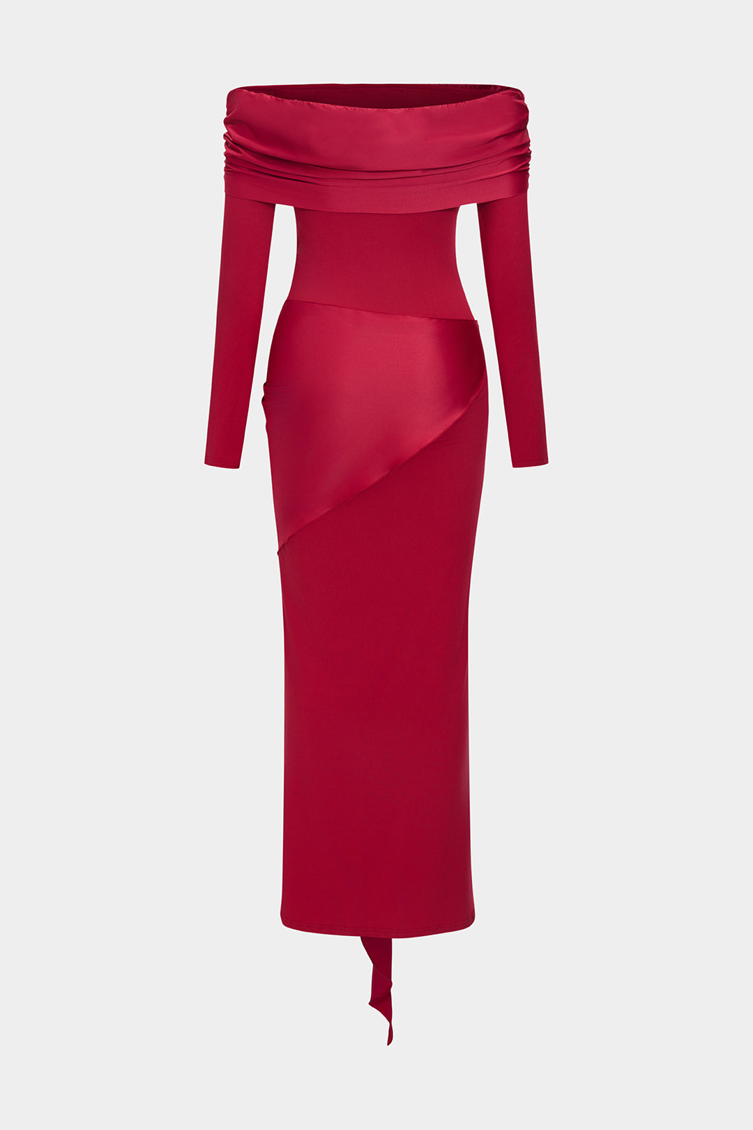 Off Shoulder Ruched Knotted Long-Sleeve Maxi Dress