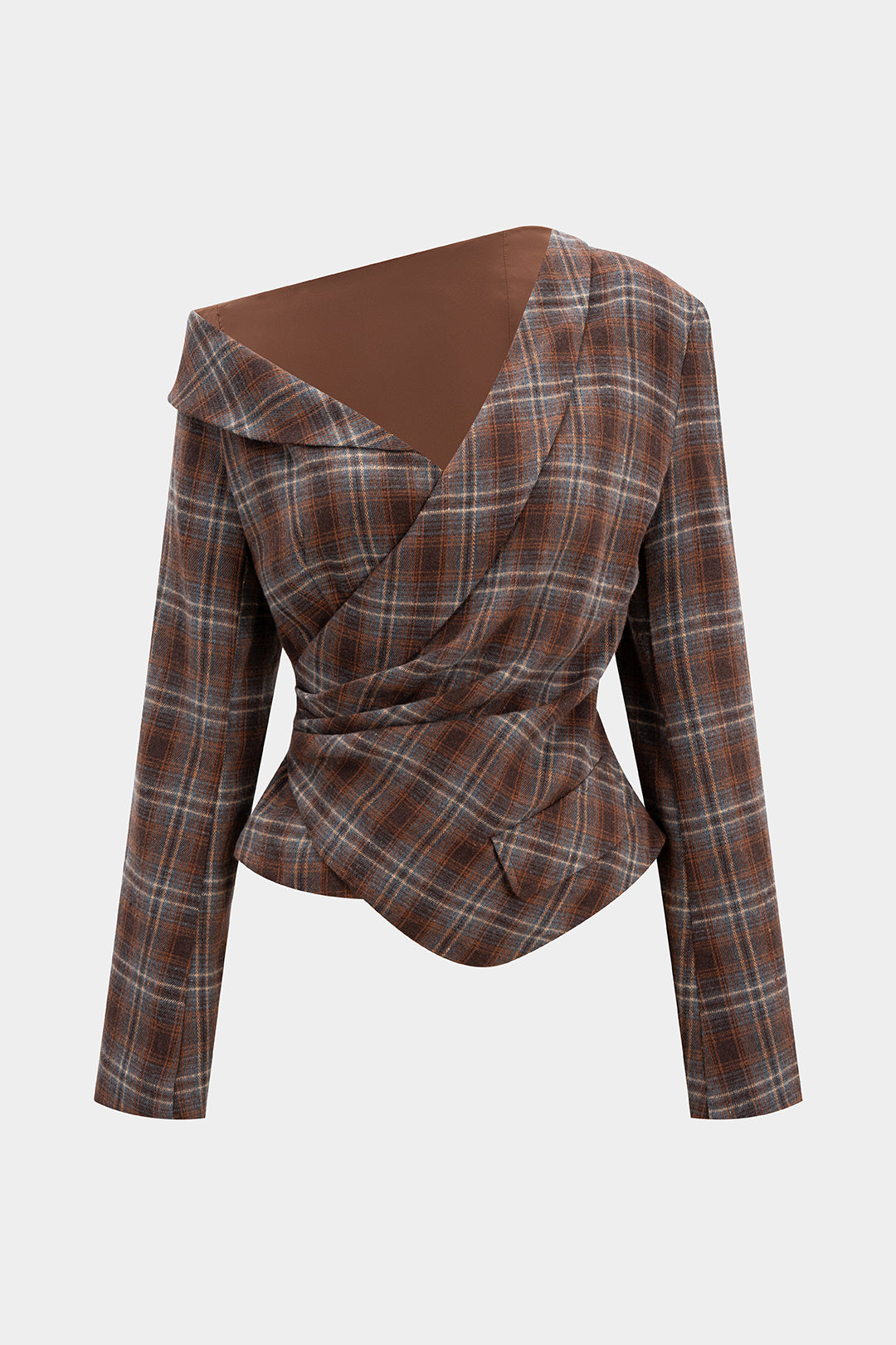 Asymmetrisches, schulterfreies Langarm-Top mit Karo-Print und Raffungen