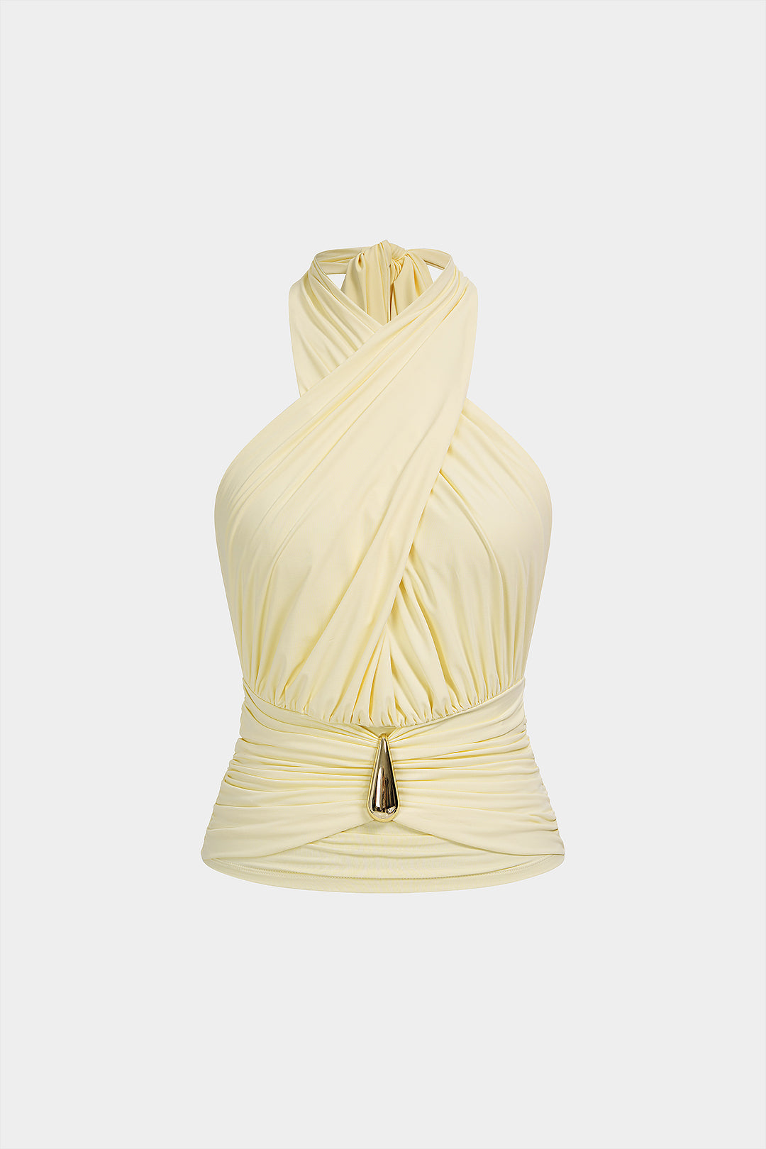 Metallic gekreuztes Neckholder-Rückenfreies gerafftes Tanktop zum Binden
