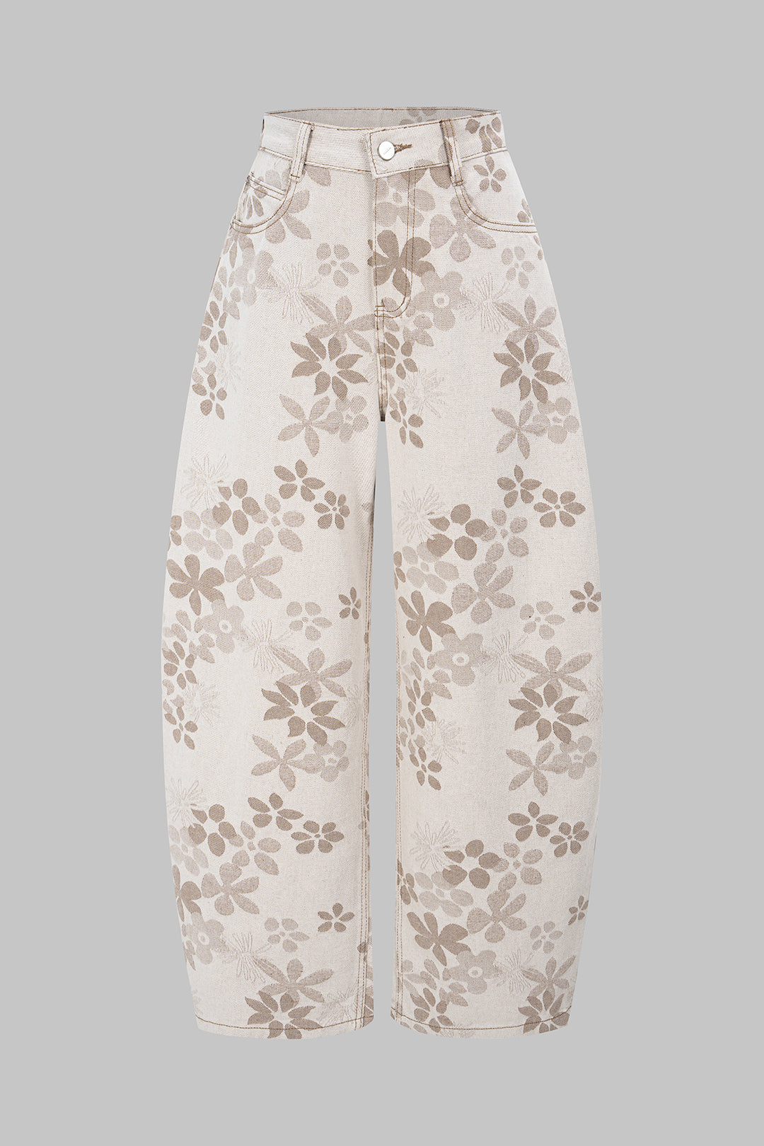 Denim Floral Print High-Waist Pocket Jeans