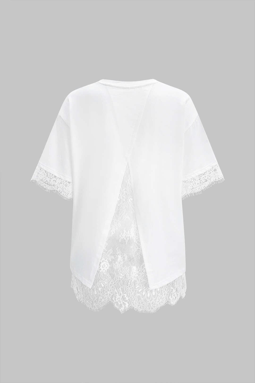 Einfarbiges T-Shirt mit Rundhalsausschnitt, kurzen Ärmeln und Spitzen-Patchwork