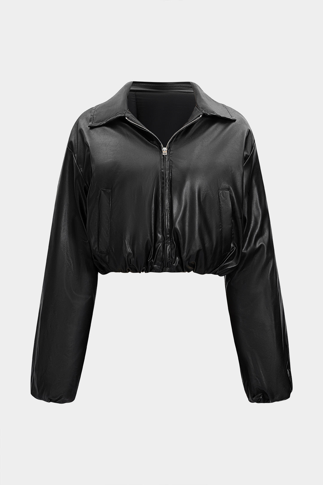 Faux Leather Ruched Zipper Pocket Cropped Puffer