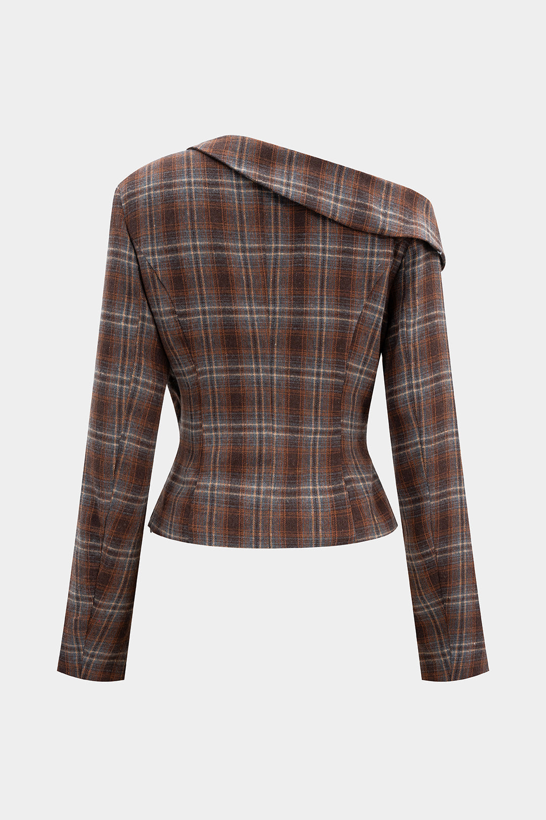 Asymmetrisches, schulterfreies Langarm-Top mit Karo-Print und Raffungen