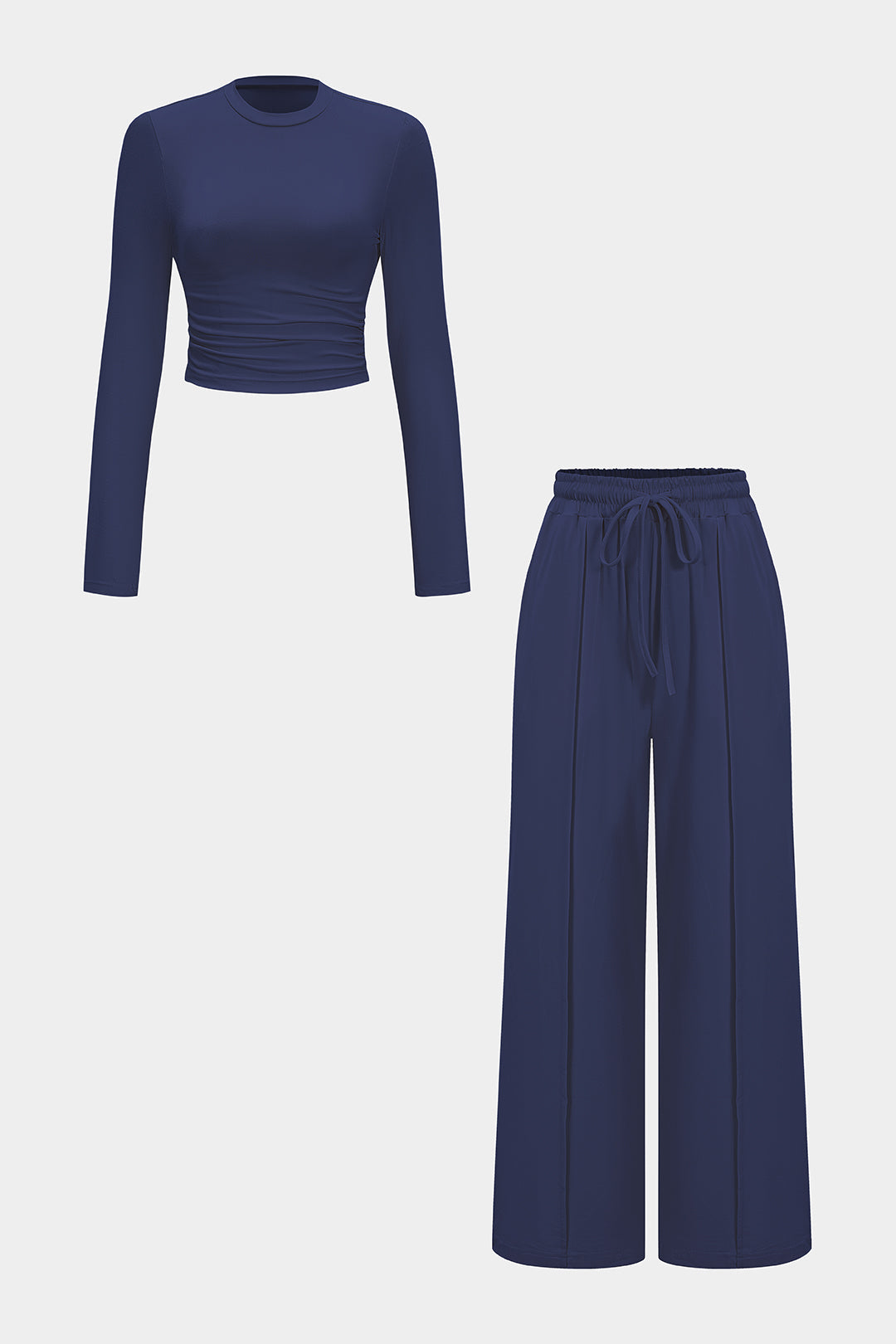 Ruched Long-Sleeve Top And Tie-Up High Waist Wide Leg Trousers Set