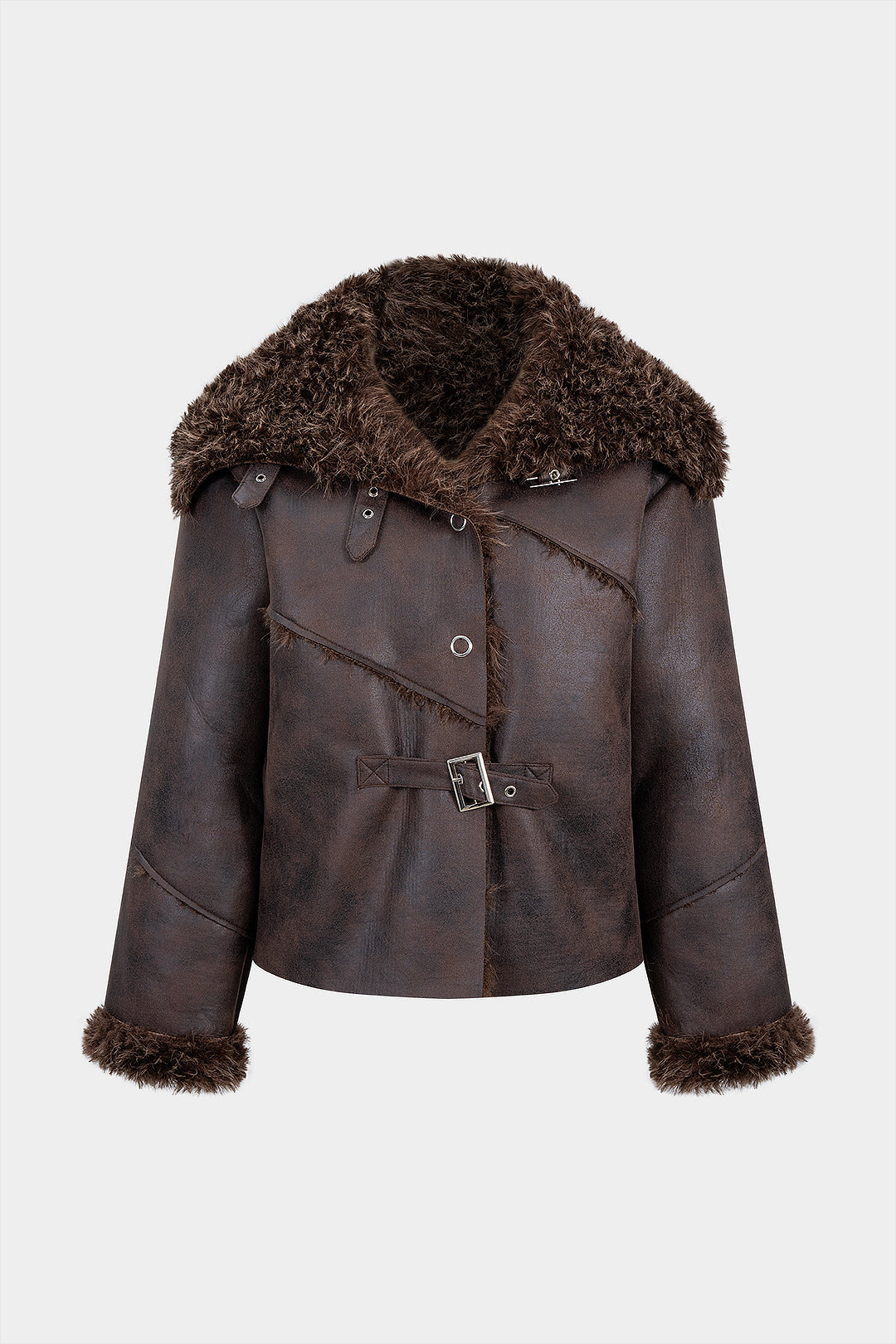 Veste ceinturée en patchwork de fausse fourrure