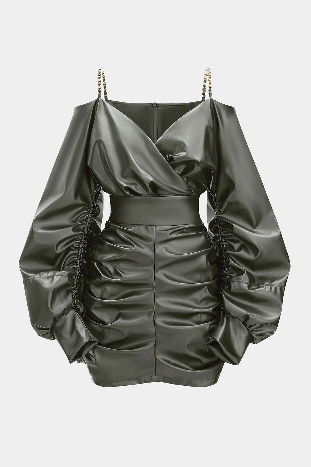Faux Leather Metallic Chain Crossed Ruched Long Sleeve Mini Dress