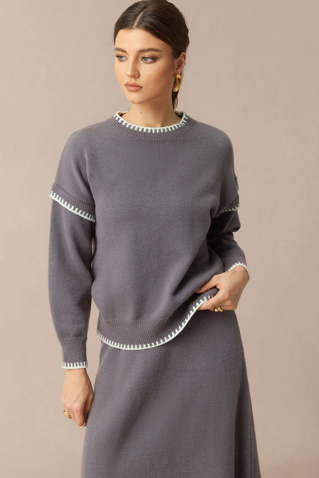 Knit Contrast Binding Round Neck Long-Sleeve Top And Skirt Set