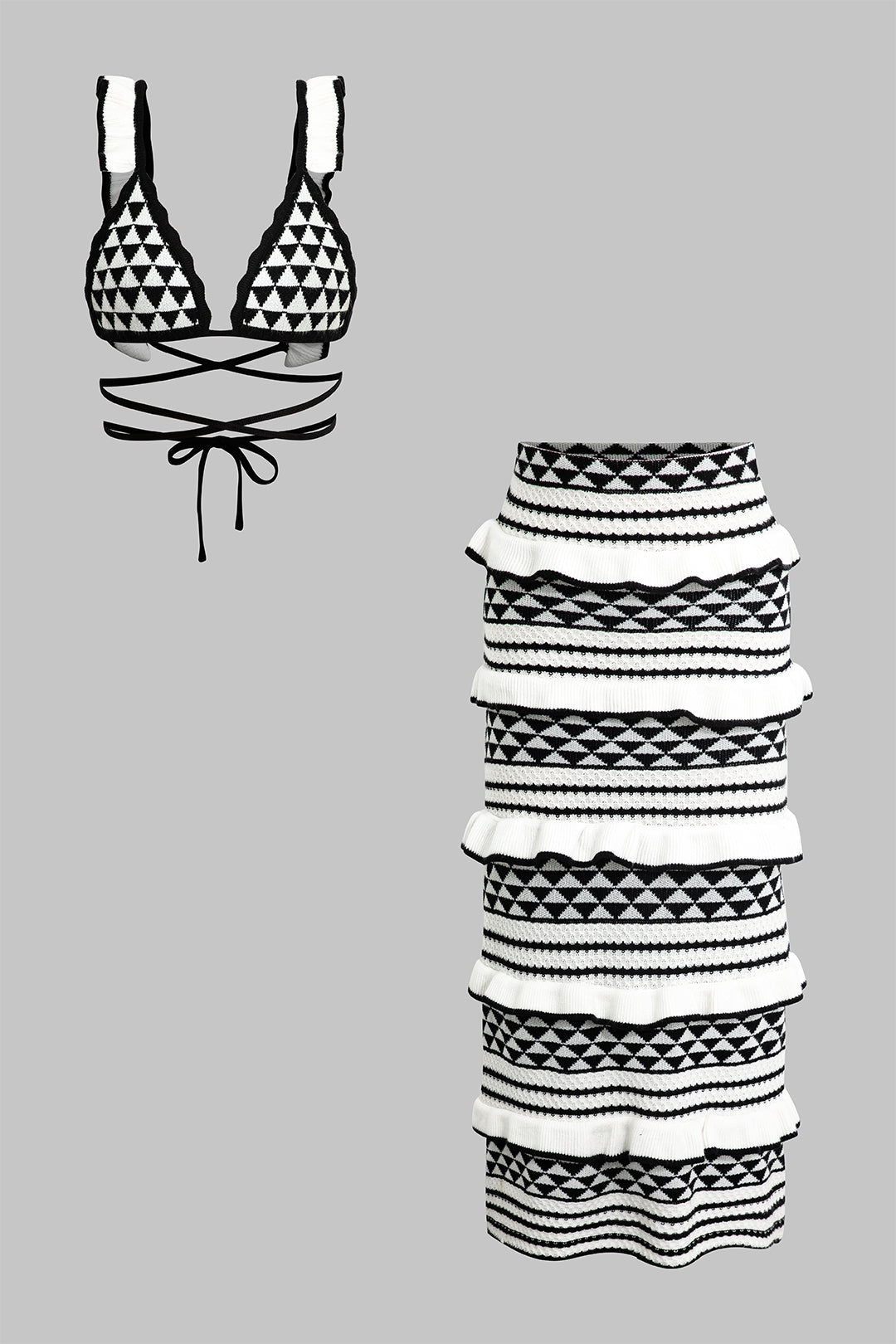 Knit Stripe Tie Bra Top And Tiered Ruffle Midi Skirt Set