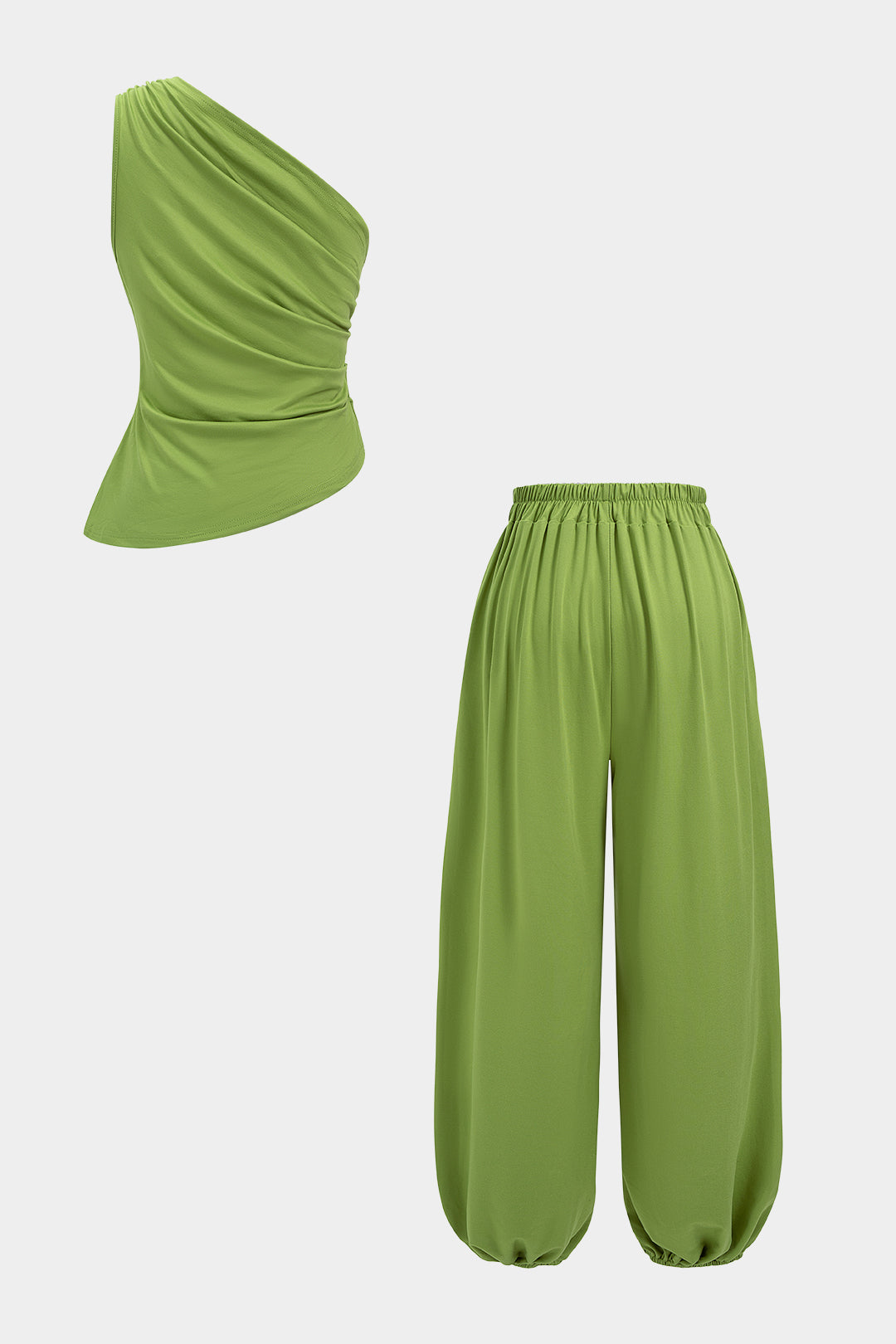 Einfarbiger, geraffter One-Shoulder-Tanktop und Hose mit weitem Bein und hoher Taille Set