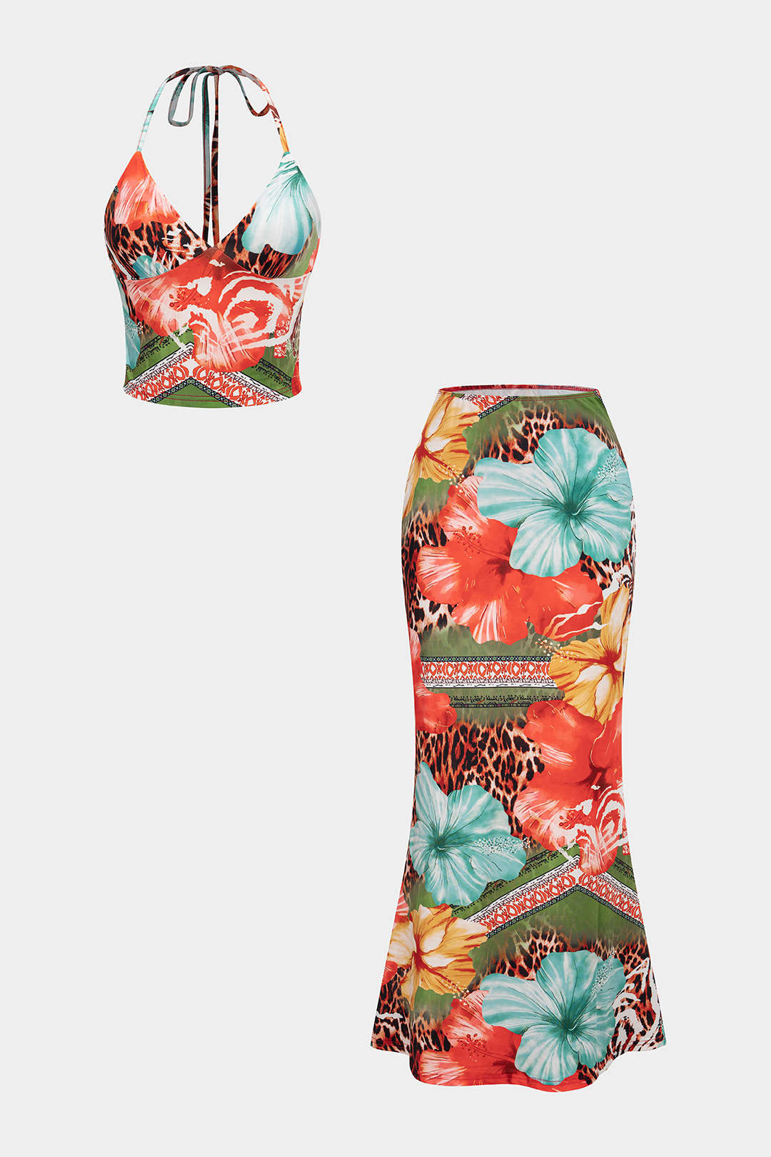 Leopard Floral Print Halter V-Neck Tie Back Top And High Waist Skirt Set