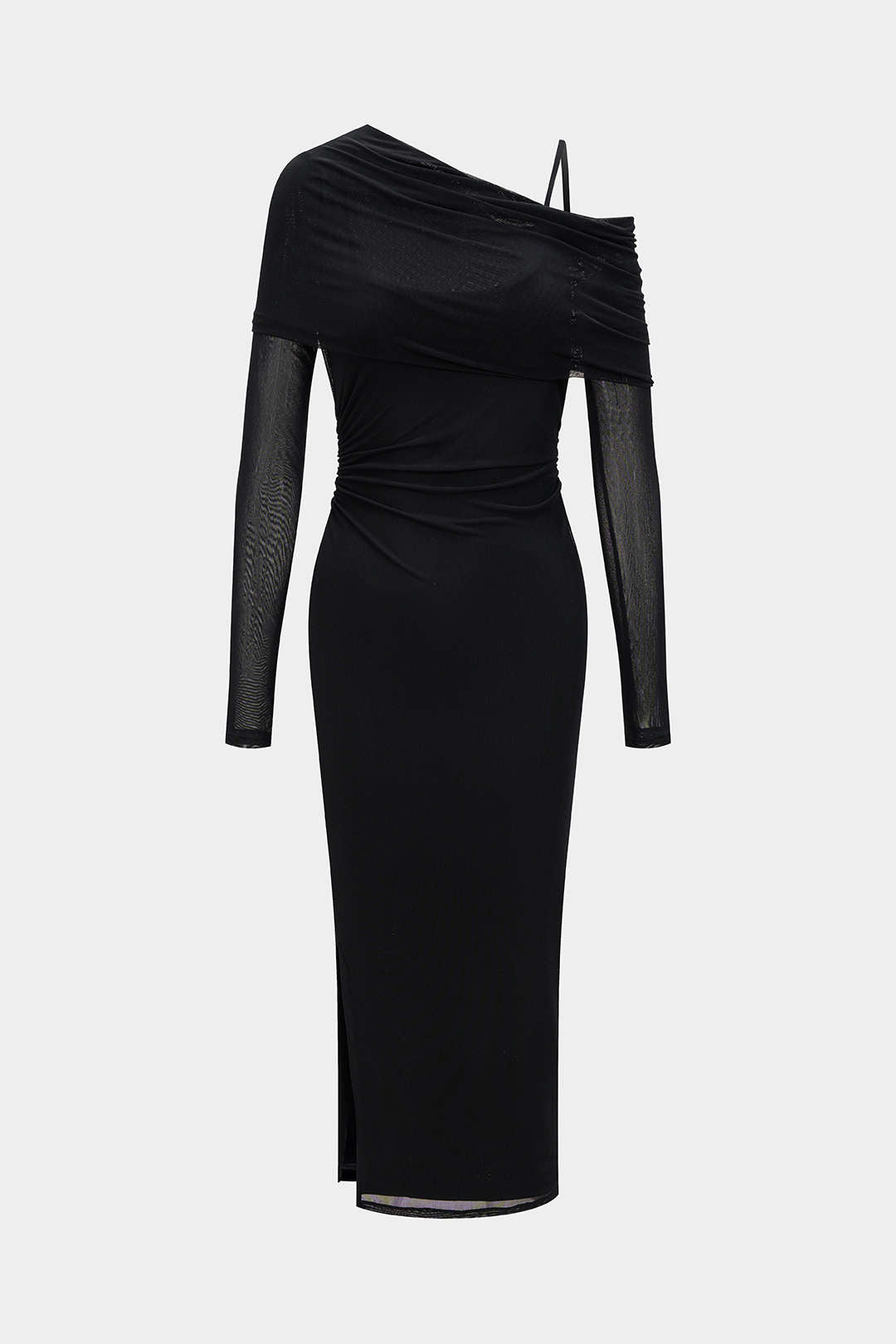 Asymmetrisches Neckholder-Maxikleid mit langen Ärmeln und Mesh-Einsatz