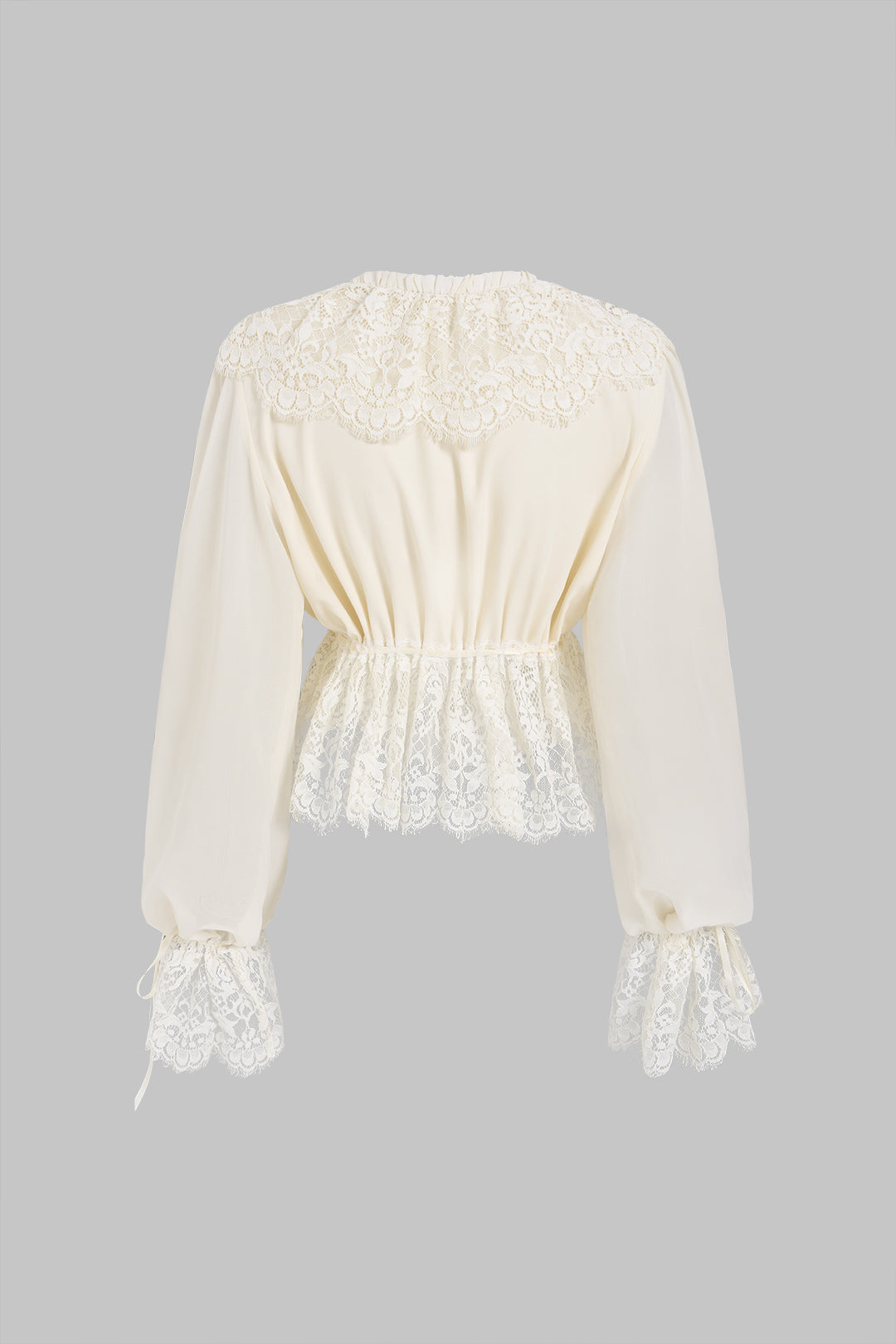 Chiffon-Patchwork-Langarmshirt mit Spitzenbesatz und Tunnelzug
