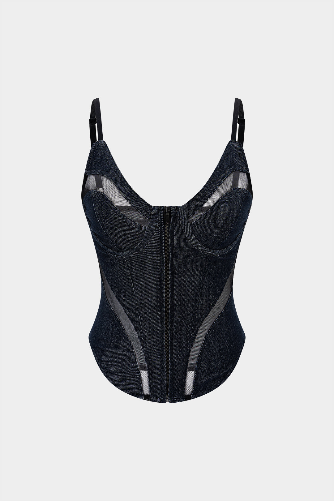 Jeans-Patchwork-Mesh-Transparenz-Reißverschluss-Cami-Top