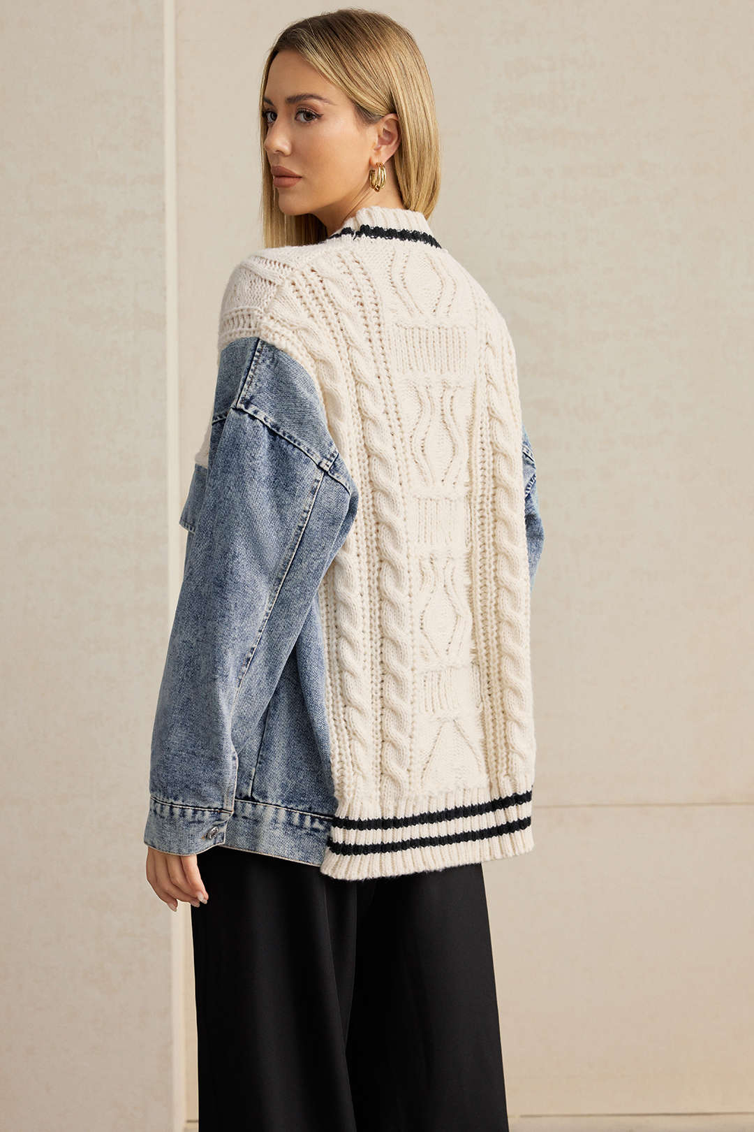 Denim-Patchwork-Strickoberbekleidung