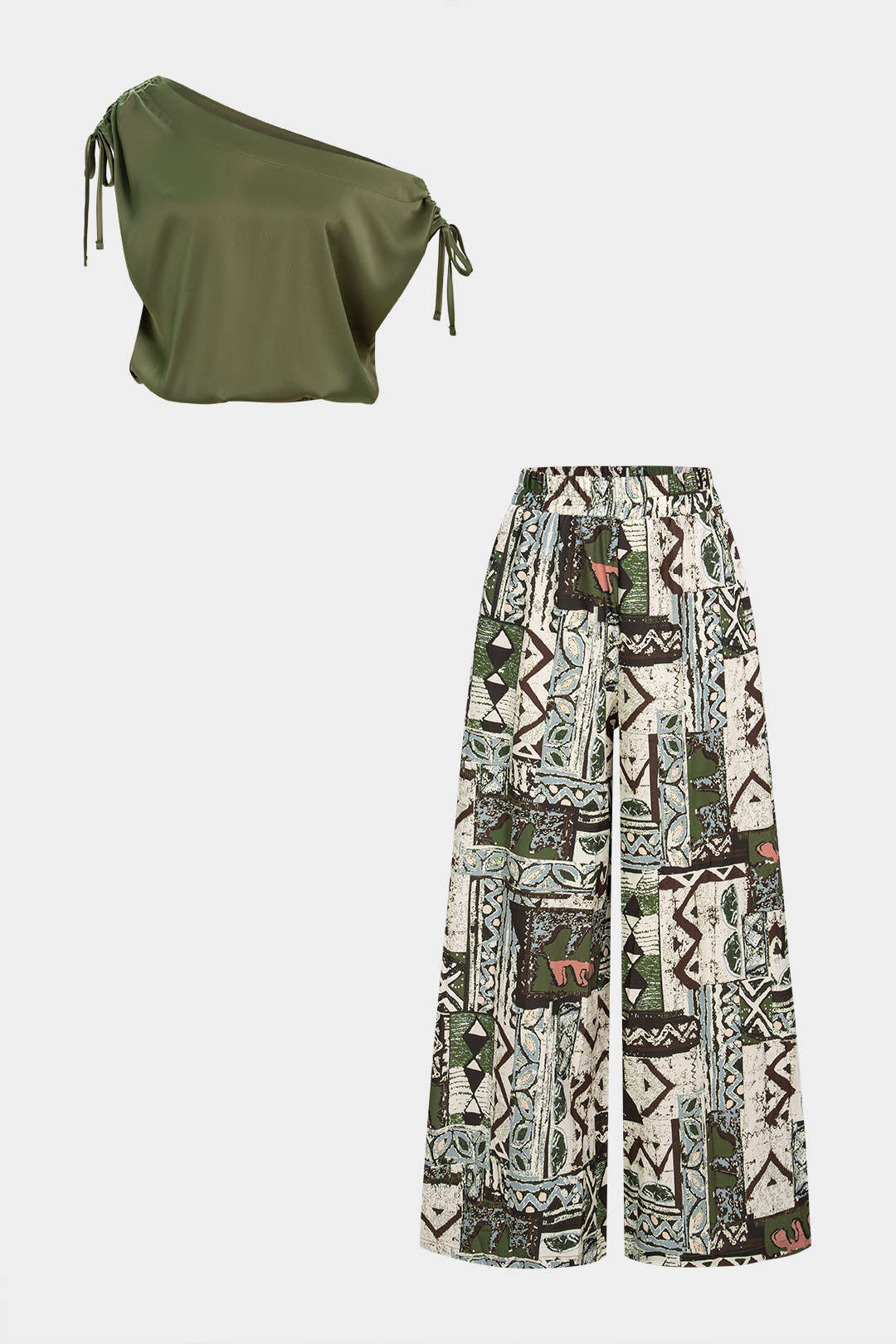 Satin-One-Shoulder-Sleeveless-Top mit Bindedetail und Hose mit weitem Bein und geometrischem Muster