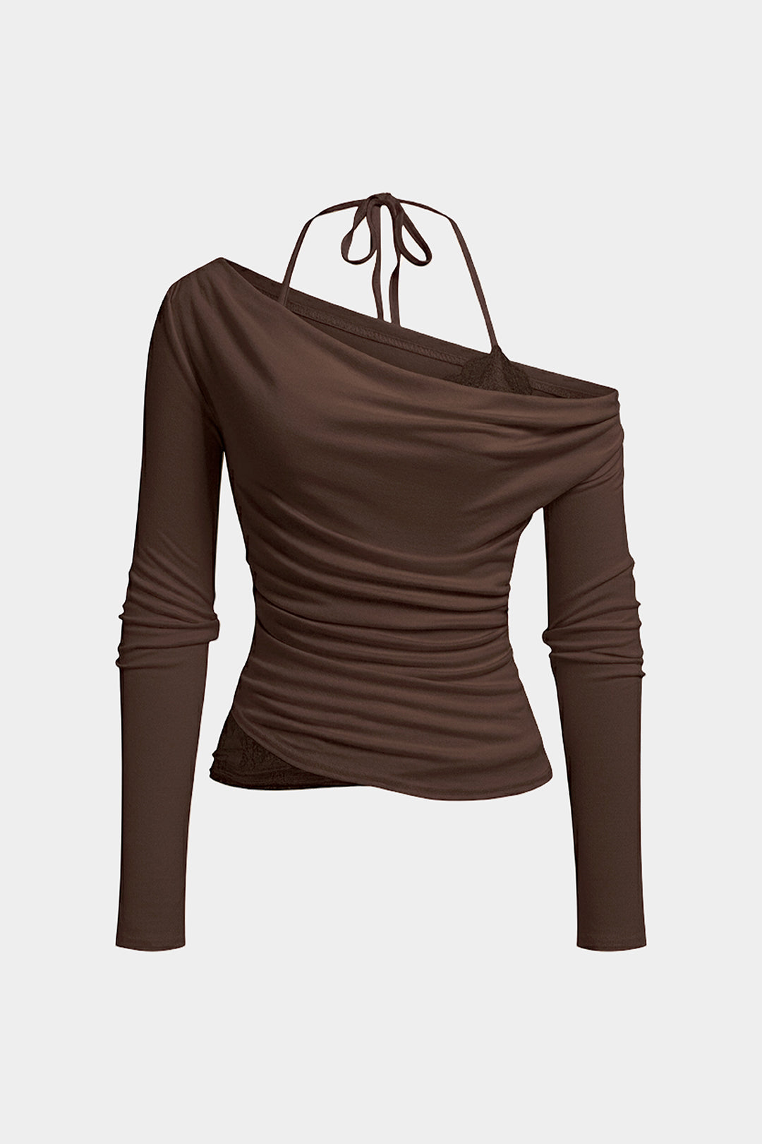 Spitzen-Patchwork-Neckholder-Oberteil mit asymmetrischen langen Ärmeln und Bindebändern