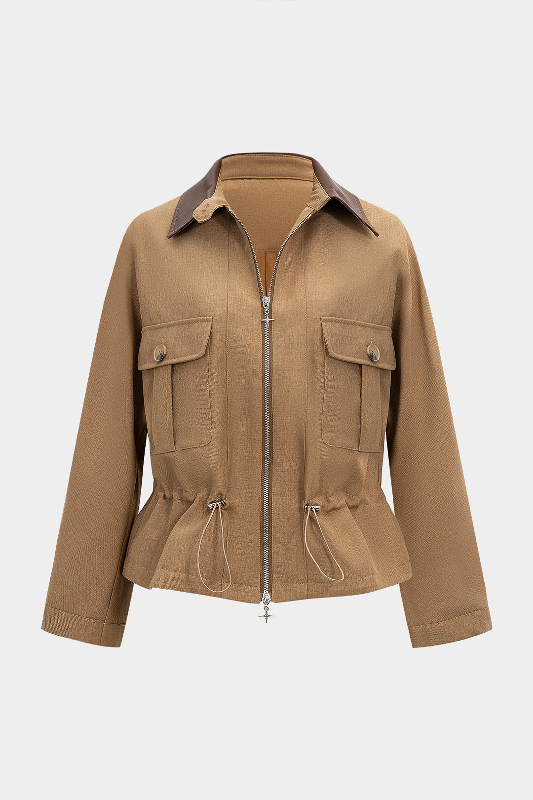 Reißverschluss-Patchwork-Jacke mit Fledermausärmeln und Kordelzug