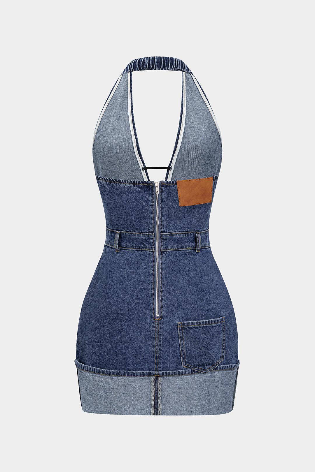 Denim Backless Washed Zipper Halter Mini Dress