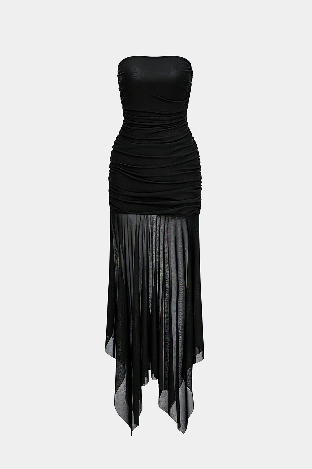 Midikleid aus Mesh, trägerlos, mit unregelmäßigem Saum