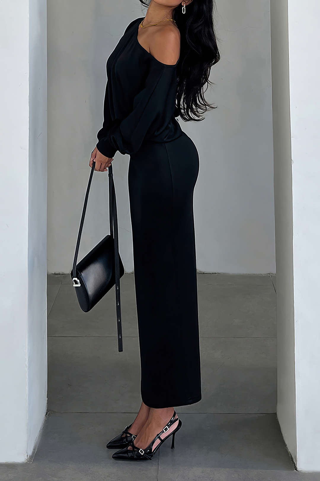 One Shoulder Long Sleeve Midi Dress