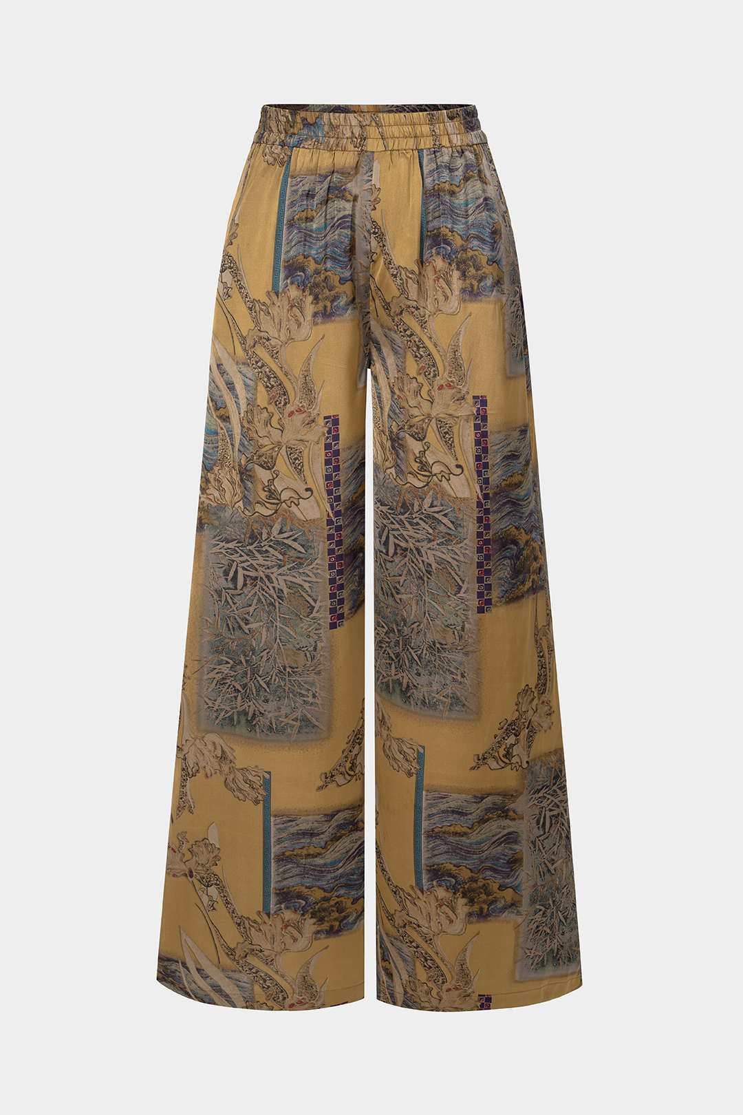 Hose mit weitem Bein, gerafftem Bund und abstraktem Print aus Satin