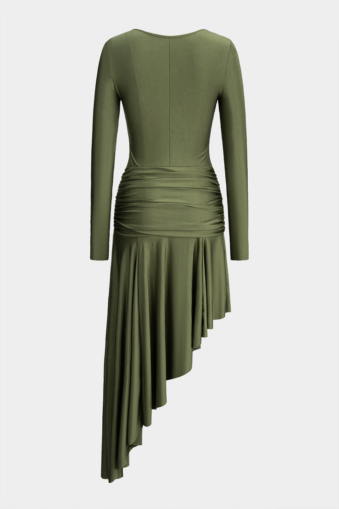 Metallic Ruched Asymmetrical Irregular Hem Long Sleeve Midi Dress