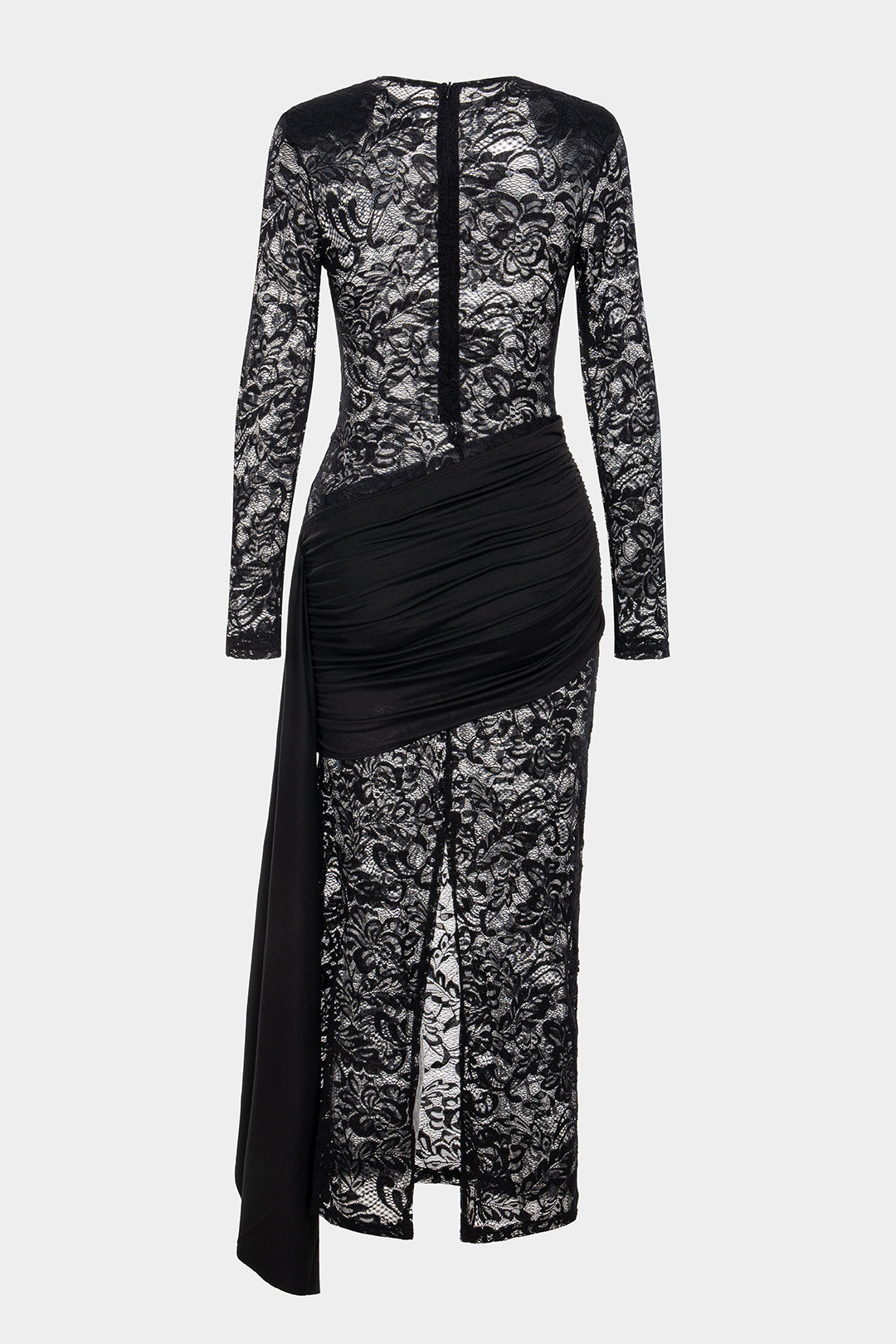 Midi-Kleid mit transparentem Spitzenrundhalsausschnitt, asymmetrischen Raffungen und langen Ärmeln zum Binden