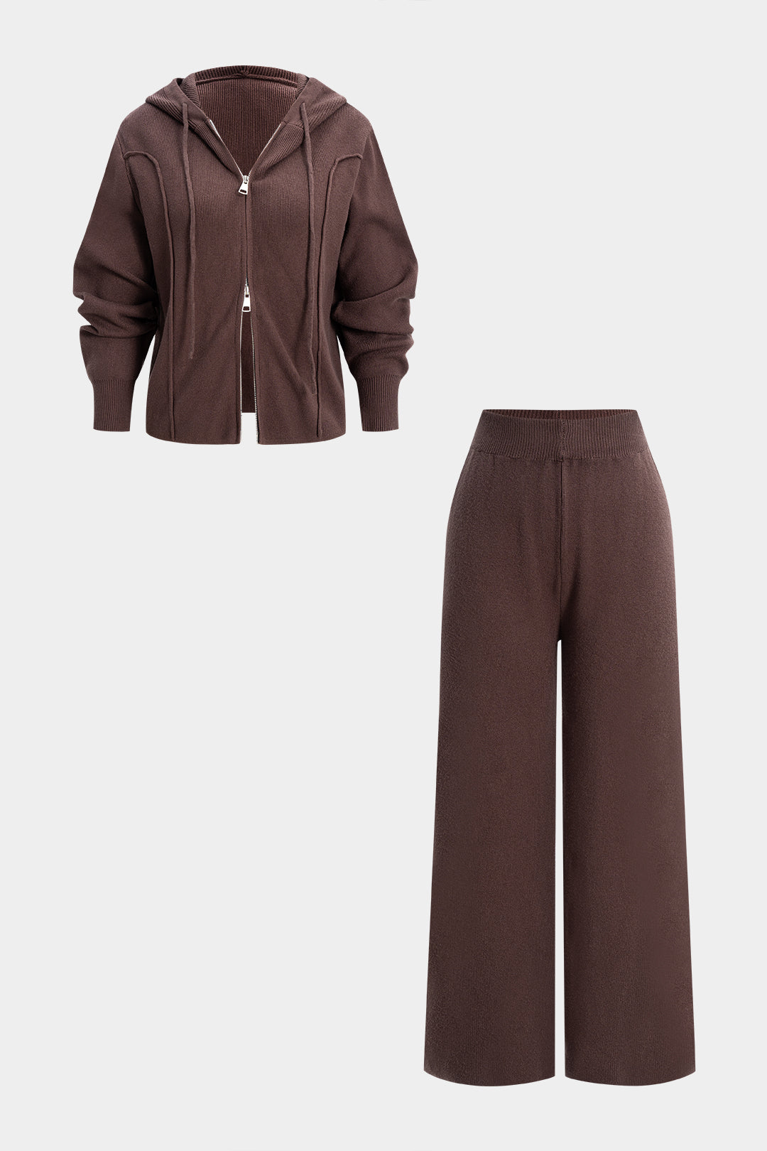 Strick-Reißverschluss-Kapuzenpullover, Cardigan und Hose mit weitem Bein Set