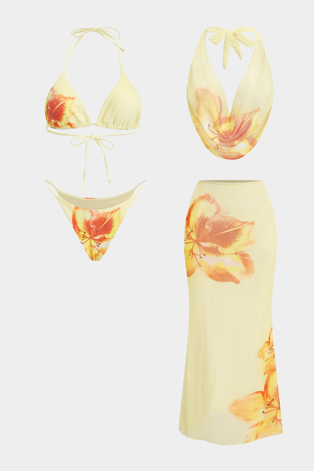 Bikini-Set mit Blumenmuster, Netzstoff und Schnürung