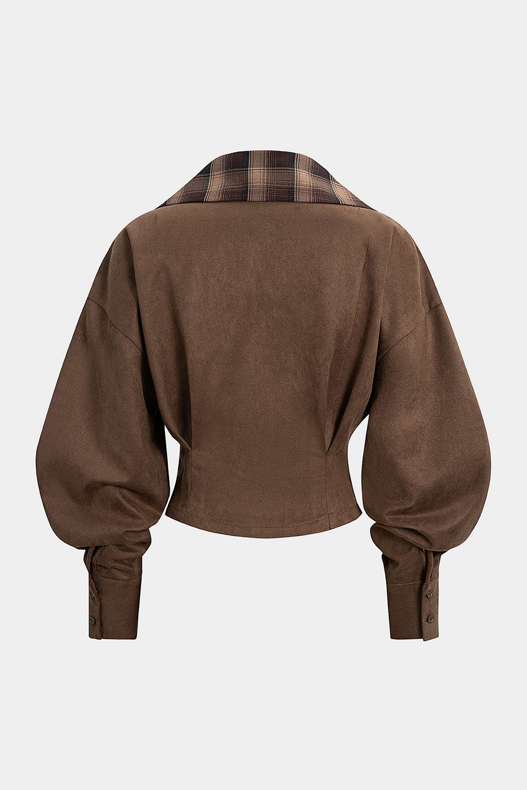 Wildleder-Patchwork-Langarmtop mit gekerbtem Revers